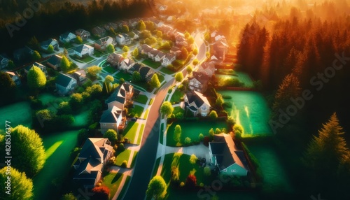 Aerial view of a quiet and beautiful residential neighborhood, with houses neatly lined up along a street surrounded by green trees