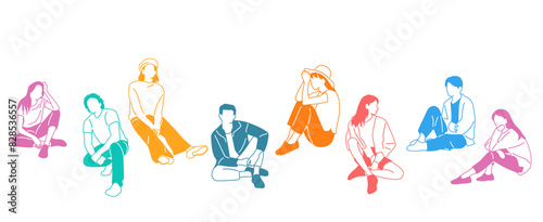 Group of men, women and teenagers sitting, different colors, cartoon character, silhouettes of sitting people, profile, flat icon design concept, hand drawn vector illustration isolated on white