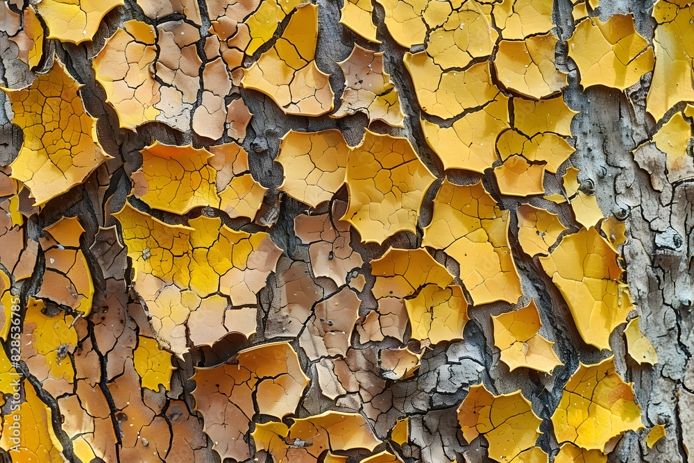 yellow and brown paint flakes from its bark; leaves display similar discoloration yellow and brown paint flakes from its bark; leaves display similar discoloration