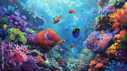A vibrant painting showcasing a variety of fish and corals in an underwater setting  creating a lively and dynamic scene. Generative AI