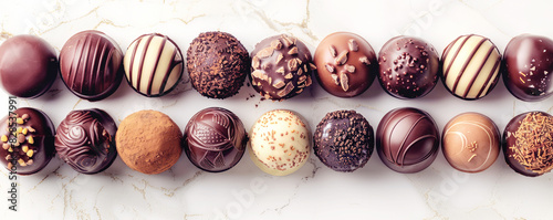 Various decorated truffle bonbons on white marble background upper view. Expensive chocolate candies lines on display. Sweet snacks.