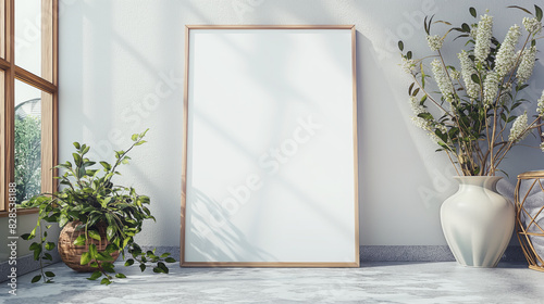 Empty white frame leaning against wall surrounded by green plants and white flowers in vases. Sunlight and shadows create a serene indoor setting