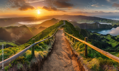 a simplified walkway leading to the summit, overlooking vast greenery and tranquil lakes in the Azores islands, under a sky painted with hues of sunset