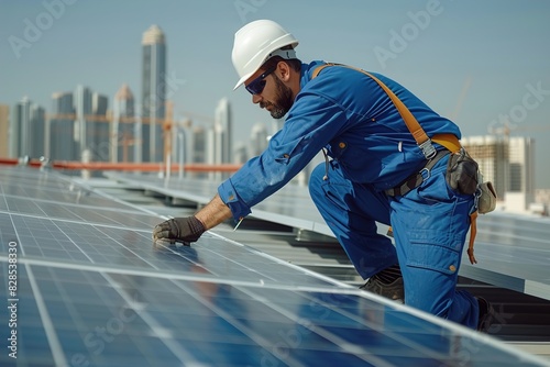 Engineer Installing Solar Panels on Rooftop with Cityscape Background