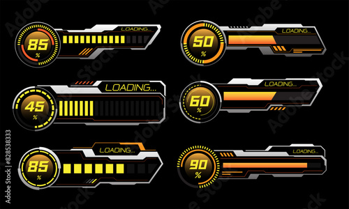 Set of HUD modern loading progress bars user interface elements design technology cyber yellow orange silver on black futuristic vector