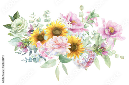 Watercolor sunflower bouquet, sunflower wedding border PNG, green leaves, yellow and pink shades, pink peony