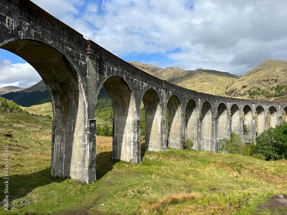 Fototapeta premium Vintage train on a bridge above a rural landscape in Scotland