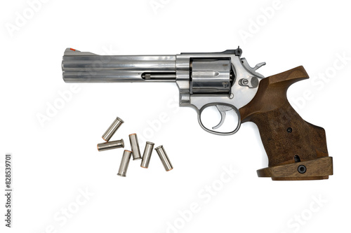 357 Magnum caliber revolver with an anatomical precision grip and .38 Special caliber bullets photo