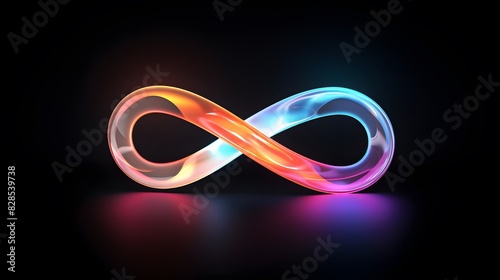 Glowing infinity symbol on black background. Infinity neon light symbol on the black background. Infinity sign made of colorful transparent glass