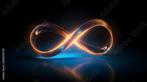 Glowing infinity symbol on black background. Infinity neon light symbol on the black background. Infinity sign made of colorful transparent glass photo