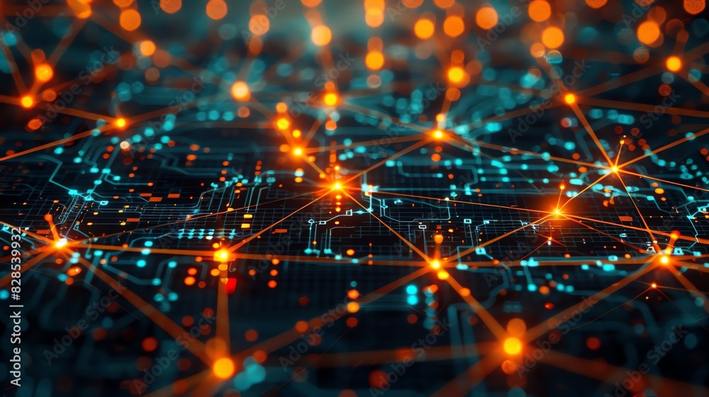 Fototapeta premium Closeup, intricate data paths, dynamic glitch patterns, 3D visualization of social networking