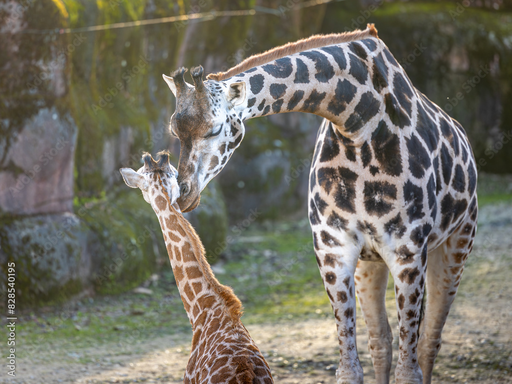 Fototapeta premium Mother and newborn Rothschild's giraffe Gaiazoo in Netherlands