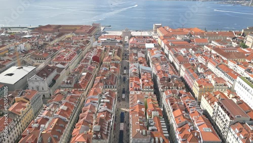 Aerial over Lisbon downtown with Terreiro do Paco and Tejo Tiver as background in Lisbon, Portugal photo