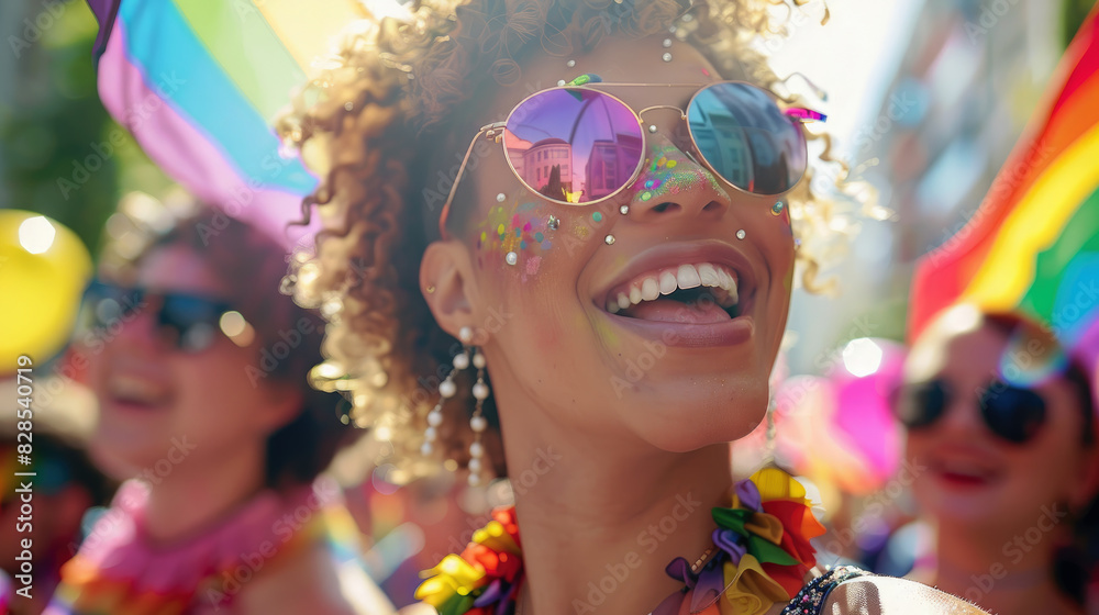 Beautiful woman having fun on a pride parade on a sunny day. LGBTQIA+ concept.