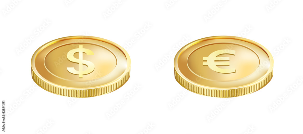 Vector golden coins with dollar and euro signs. Simple design. Isolated on a white background. Golden euro money. Golden dollar coin Vector golden coins with dollar and euro signs. Simple design. Isolated on a white background. Golden euro money. Golden dollar coin