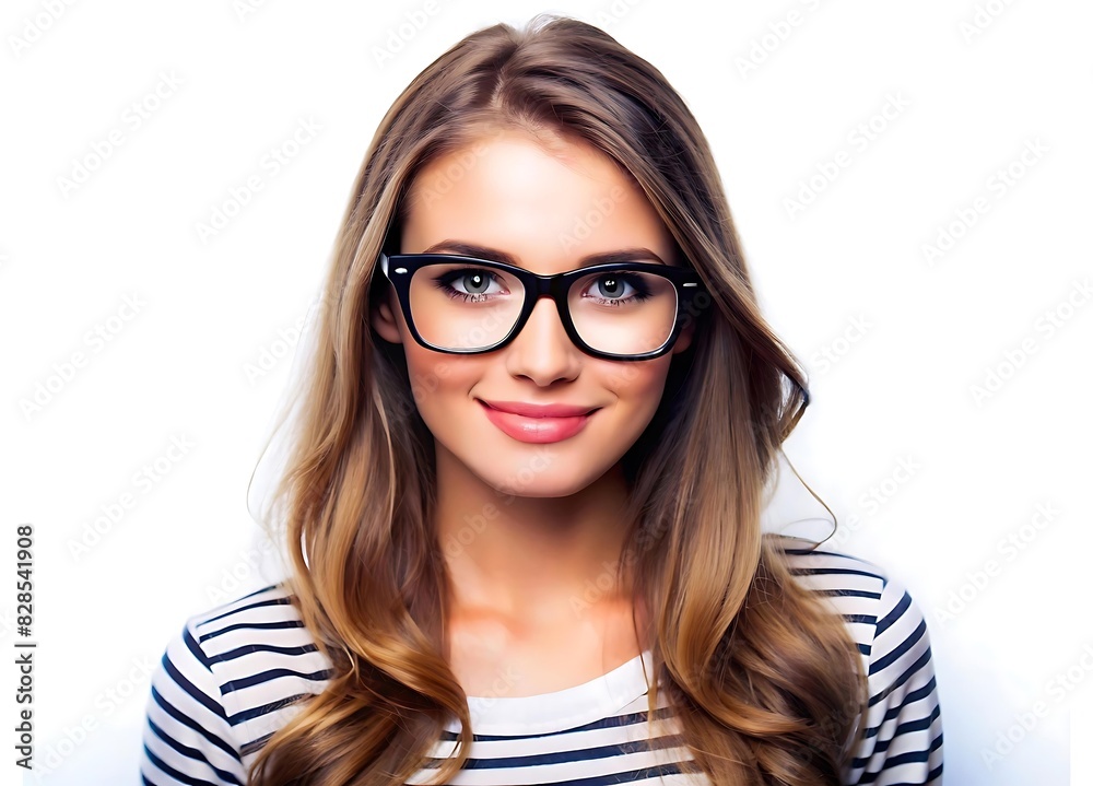 portrait of a beautiful young girl with blonde hair and wearing glasses on a smiling face