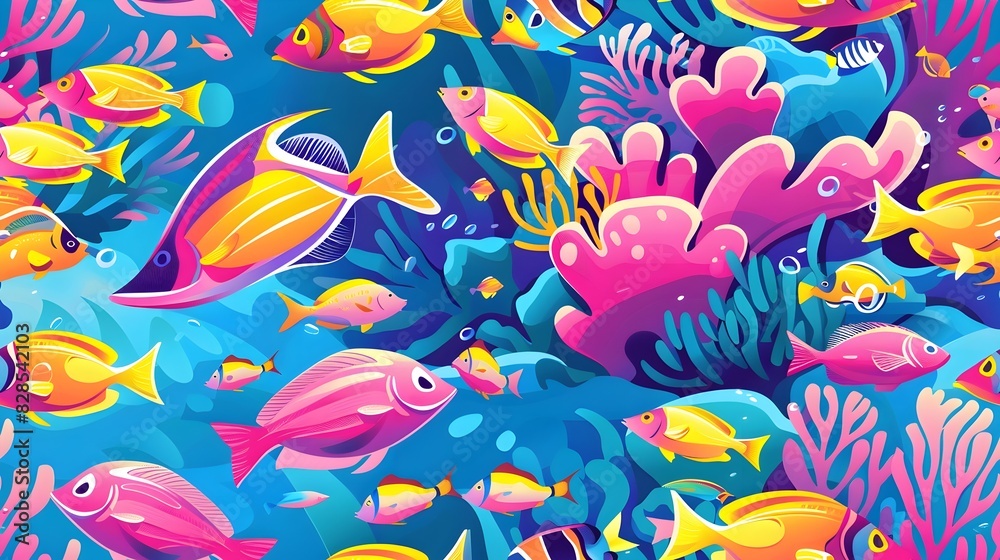 Fototapeta premium Hypnotic School of Exotic Rainbow Colored Fish Gliding Through Vibrant Coral Reef Ecosystem