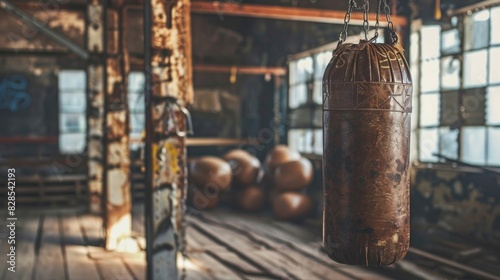 A boxing heavy bag on a chain, with a few scattered boxing gloves and wraps in the background, representing the essential equipment required for improving power and endurance. photo