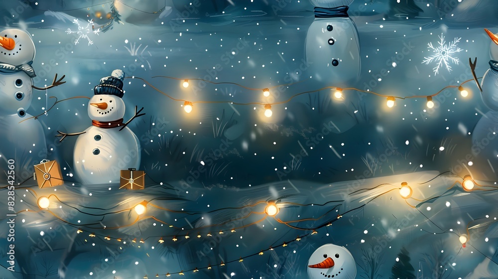 Obraz premium Enchanting Snowman Scene with Twinkling Lights in Whimsical Winter Wonderland