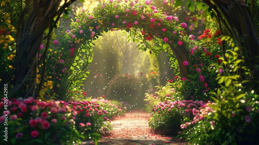 Beautiful Fairytale Garden with Colorful Flower Arches
