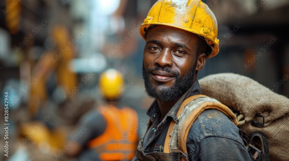 Mockup image of a worker hauling a sack in a busy urban construction site Mockup image of a worker hauling a sack in a busy urban construction site