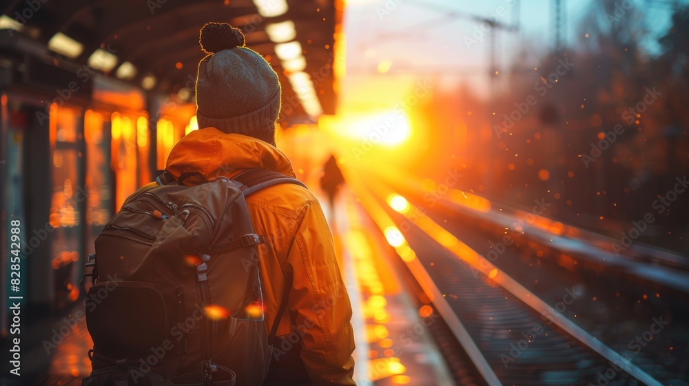 Realistic scene of a worker with a sack, walking along a railway station platform Realistic scene of a worker with a sack, walking along a railway station platform