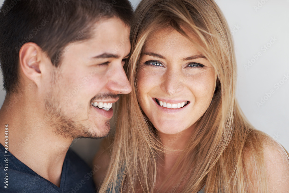 Closeup, happy and portrait of couple in home for bonding, loving relationship and together on weekend. Dating, love and face of man and woman embrace in house for romance, care and commitment Closeup, happy and portrait of couple in home for bonding, loving relationship and together on weekend. Dating, love and face of man and woman embrace in house for romance, care and commitment