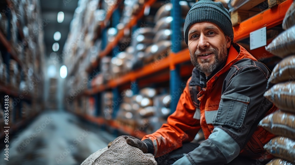 Blank template of a warehouse worker moving a sack near storage racks Blank template of a warehouse worker moving a sack near storage racks