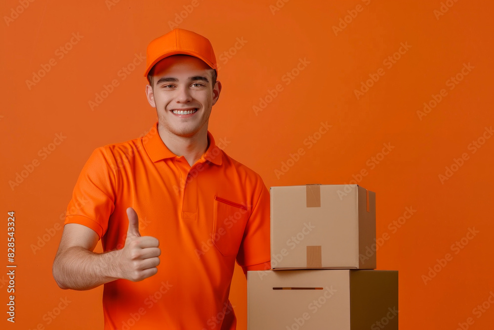 Smiling delivery man in orange uniform with thumbs up next to cardboard boxes on orange background. Smiling delivery man in orange uniform with thumbs up next to cardboard boxes on orange background.