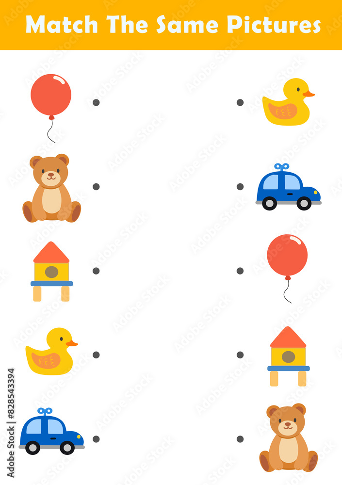 Picture Matching Worksheet for Preschool. Educational activity with cute toys illustration. Educational fun game for children. Picture Matching Worksheet for Preschool. Educational activity with cute toys illustration. Educational fun game for children.
