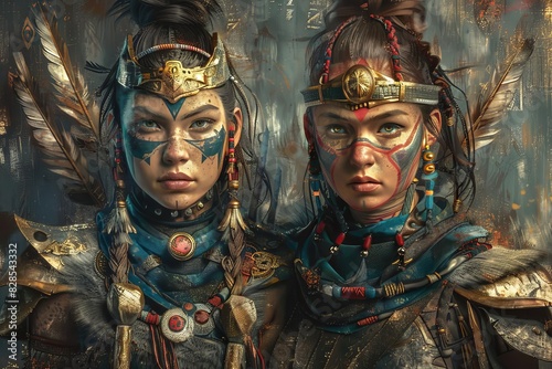 fantasy digital painting of two fierce amazon warrior women with tribal face paint and iron armor