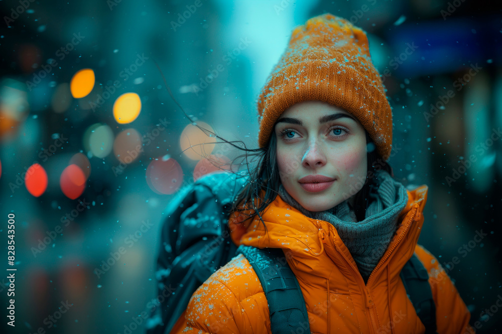 A young woman wearing an orange cap and jacket strolls down the street on a winter afternoon in the city. A young woman wearing an orange cap and jacket strolls down the street on a winter afternoon in the city.