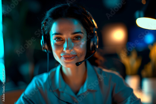 Wallpaper Mural Smiling Female Customer Service Representative Wearing Headset in Evening Office Setting Torontodigital.ca