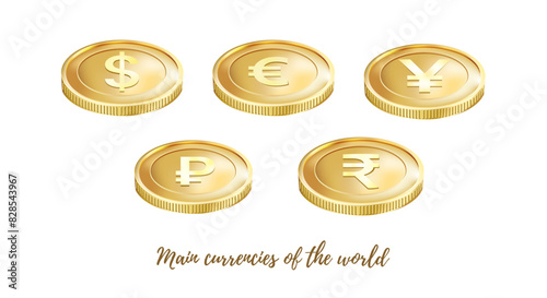 Vector golden coins with different currencies signs. Simple design. Isolated on a white background. Golden coin money. Golden dollar coin. Dollar, euro, yen, yuan, ruble, rupee