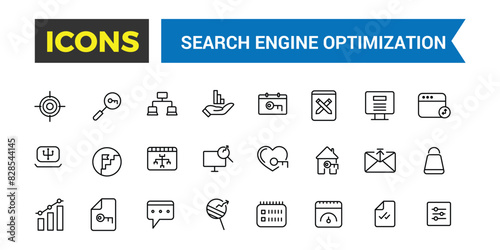 Search Engine Optimization Outline web icons set. Thin line web icon collection. Icon collection. Editable vector icon and illustration.