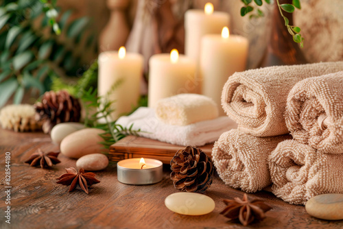 Serene Spa Setting With Rolled Towels  Candles  and Natural Elements on a Wooden Surface