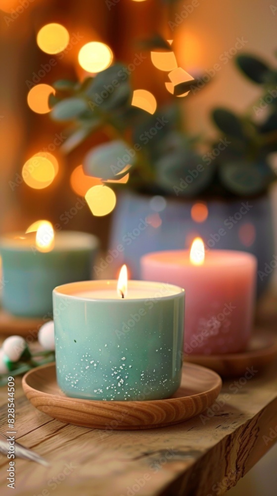 Candles are lit on a wooden table with a potted plant, candle making hobbie
