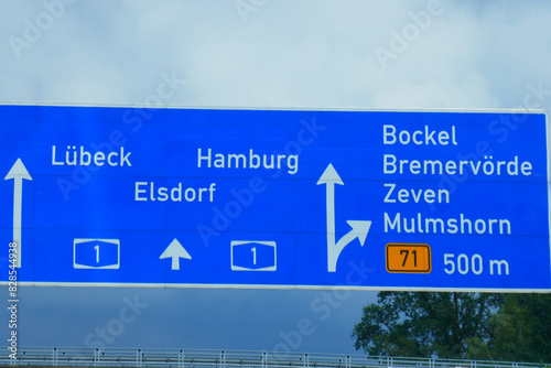 Autobahnschild Richtung Lübeck Hamburg Ausfahrt Bockel photo