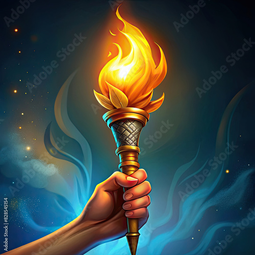 Illustration of a man's hand holding a burning torch with the Olympic flame. Symbol of the Olympic Games.