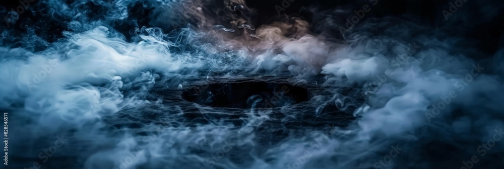 A mystical scene featuring a swirling smoke tunnel, with dark and ethereal vapor creating a circular opening in the center. The edges of the tunnel are illuminated by dramatic lighting, casting shadow A mystical scene featuring a swirling smoke tunnel, with dark and ethereal vapor creating a circular opening in the center. The edges of the tunnel are illuminated by dramatic lighting, casting shadow