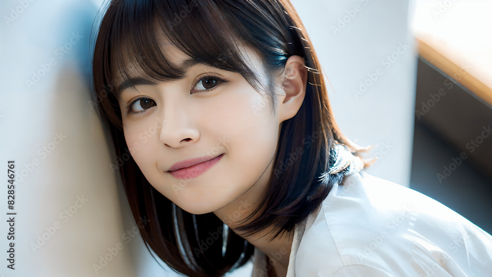 Fototapeta premium 壁に頭をつけて微笑んでいるミディアムヘアの日本人女性