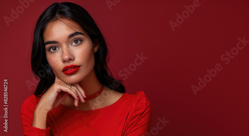 beautiful girl in red shirt thinking about christmas present
