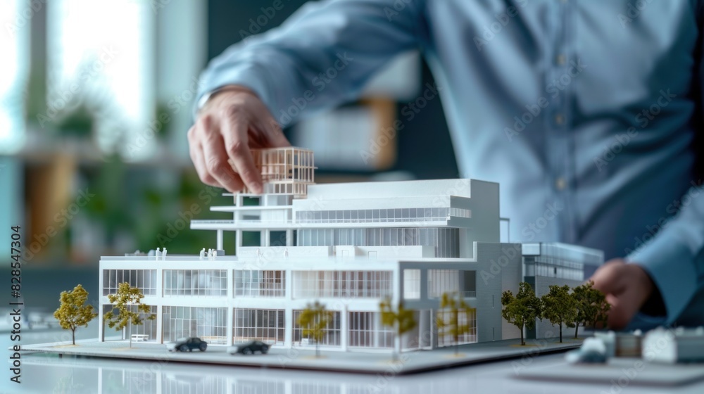 A businessman architect is presenting a new model of an industrial building for hotel or office construction projects. A businessman architect is presenting a new model of an industrial building for hotel or office construction projects.