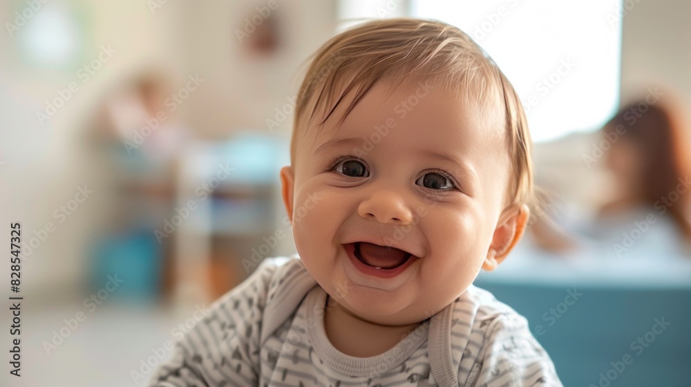 A close-up of a baby boy sitting in a clinic room. A close-up of a baby boy sitting in a clinic room.