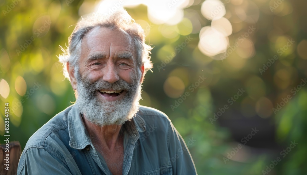 Elderly man with a beard smiling joyfully in a sunlit outdoor setting, evoking a sense of contentment and joy, with banner space for text