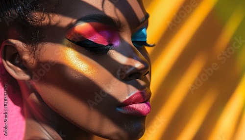 Vibrant makeup on a confident woman in an urban setting - highlighting beauty, style, and self-expression © DruZhi Art