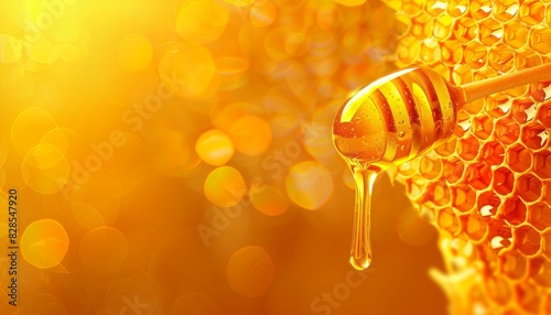 Golden honey glistening as it drips from a dipper, with the honeycomb in the background highlighting artisanal sweetness, with banner space for text