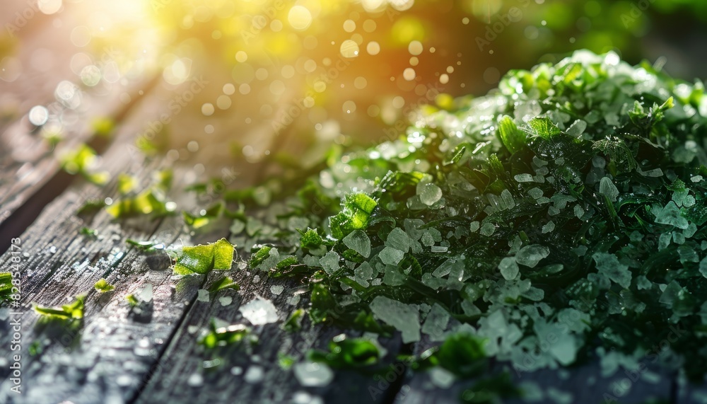 Close-up of coarse sea salt with fresh green seaweed on a wooden surface, highlighting natural ingredients used in spa and wellness, with banner space for text Close-up of coarse sea salt with fresh green seaweed on a wooden surface, highlighting natural ingredients used in spa and wellness, with banner space for text