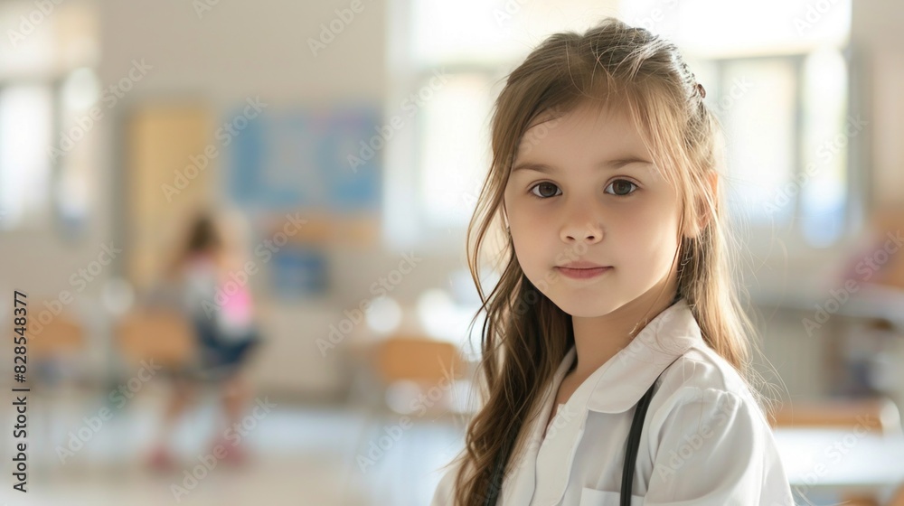 Little girl kid in a doctor suit looking at the camera against blurred school classroom with space. Little girl kid in a doctor suit looking at the camera against blurred school classroom with space.