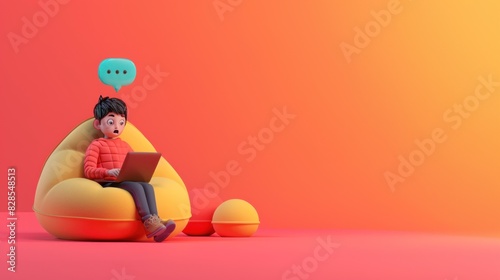 A 3D cartoon man character is depicted using a laptop, with a text bubble appearing above his head. Meanwhile, a boy sits on a cushion nearby. photo